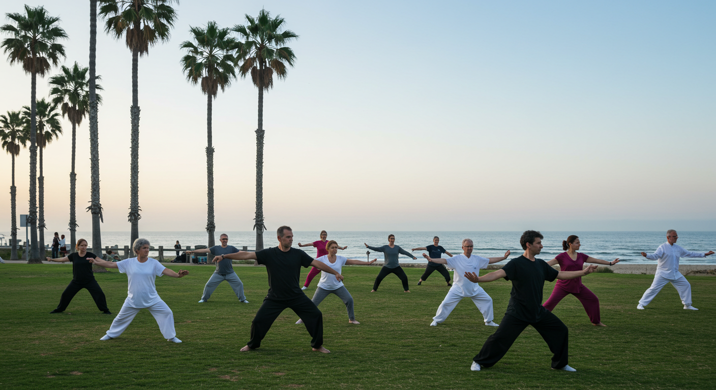 Tai Chi students practicing slow movements in Newport Beach park
