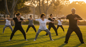 Tai Chi class practicing in a Newport Beach park at sunrise to promote healing and balance.